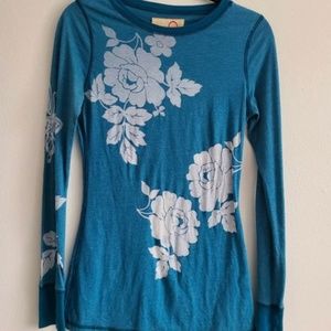 Free People Long Sleeve Floral Crewneck Top Blue